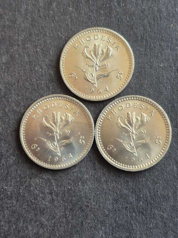 3 x Rhodesia 5 Cents 1964 UNC
