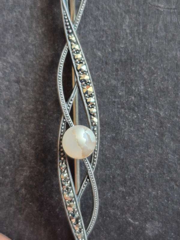 Vintage Marcasite Silver Brooch stamped. 935  4.1g with Pearl 70mm
