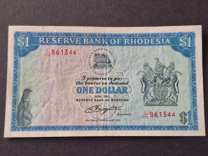 Reserve Bank of Rhodesia One Dollar Bird Watermark Salisbury 2 August 1979 (nice condition)