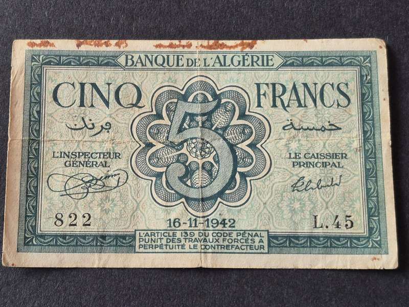 Algeria 5 Francs 6/11/1942 WW2