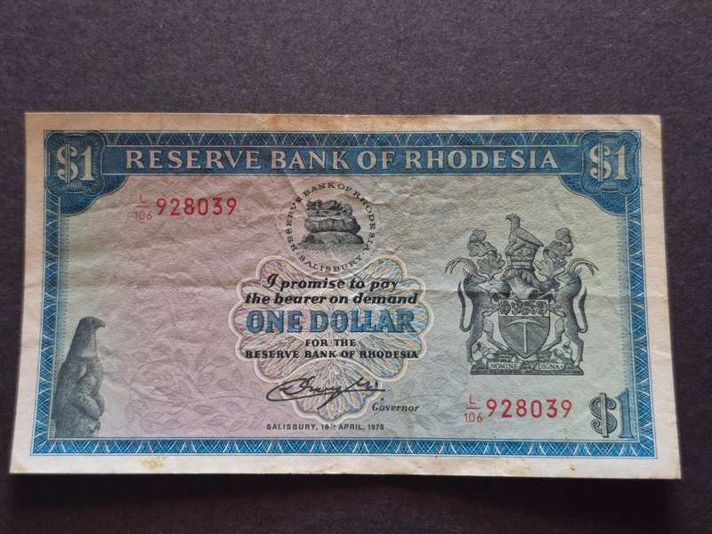 Reserve Bank of Rhodesia One Dollar 16 April 1978 Rhodes Watermark