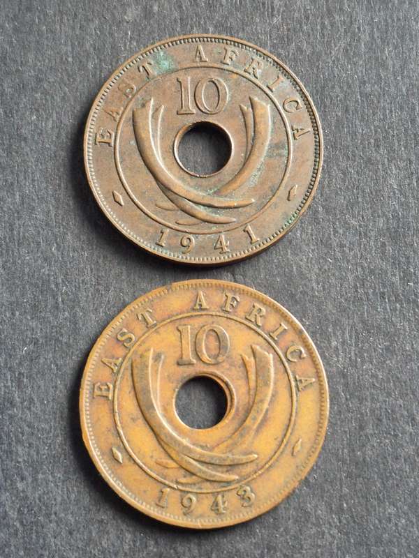 2 x East Africa 10 Cents 1941/1943