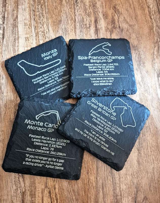 Formula 1 Slate Coasters  Set of 4 Laser Engraved Track Designs | F1 Fan Gift