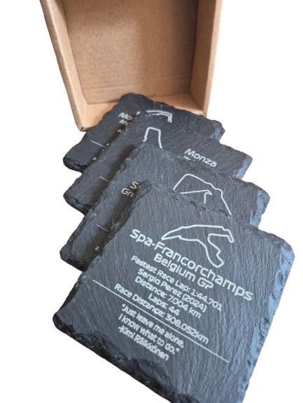 Formula 1 Slate Coasters  Set of 4 Laser Engraved Track Designs | F1 Fan Gift