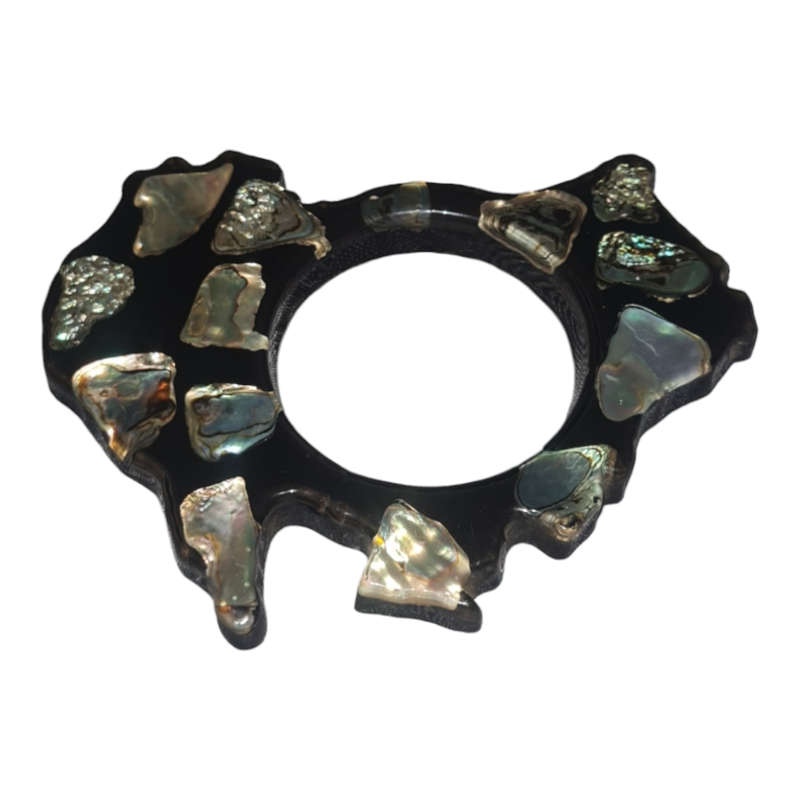 Mid Century Modern 1960's Black Trivet with Inlaid Abalone Shells