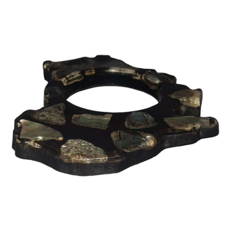 Mid Century Modern 1960's Black Trivet with Inlaid Abalone Shells