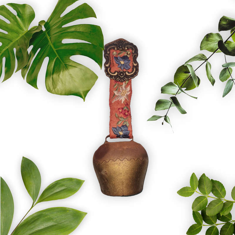 Vintage Swedish cow bell with embroidered textile band