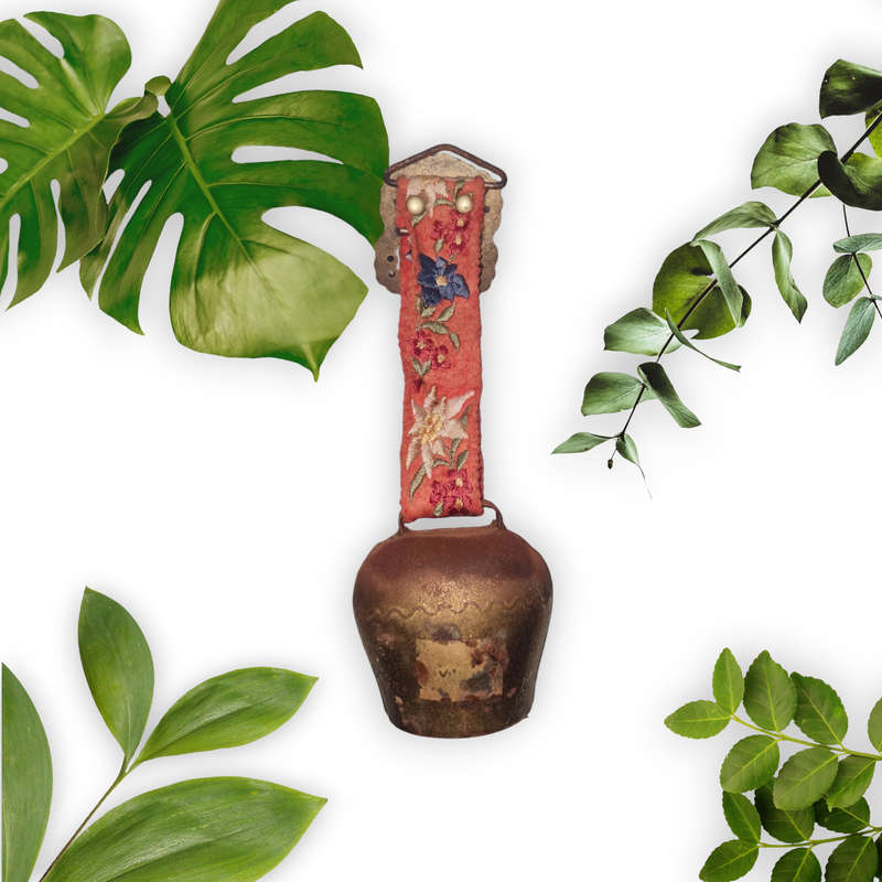 Vintage Swedish cow bell with embroidered textile band