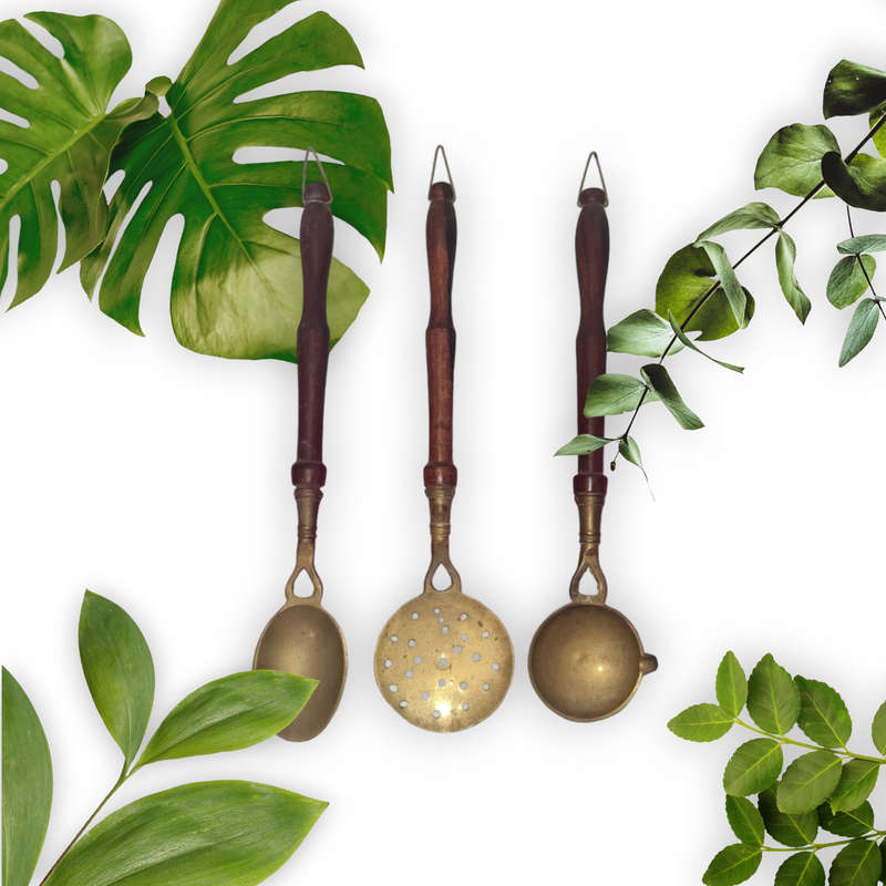 Antique Carved Brass Spoons, Brass Kitchen utensils