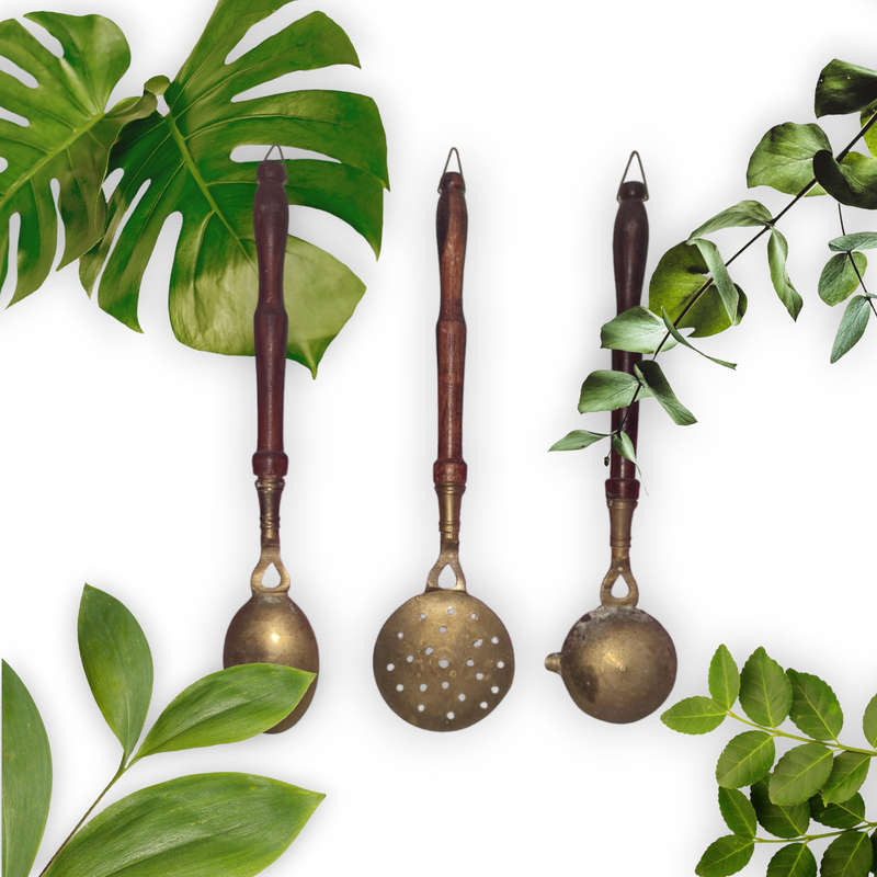 Antique Carved Brass Spoons, Brass Kitchen utensils