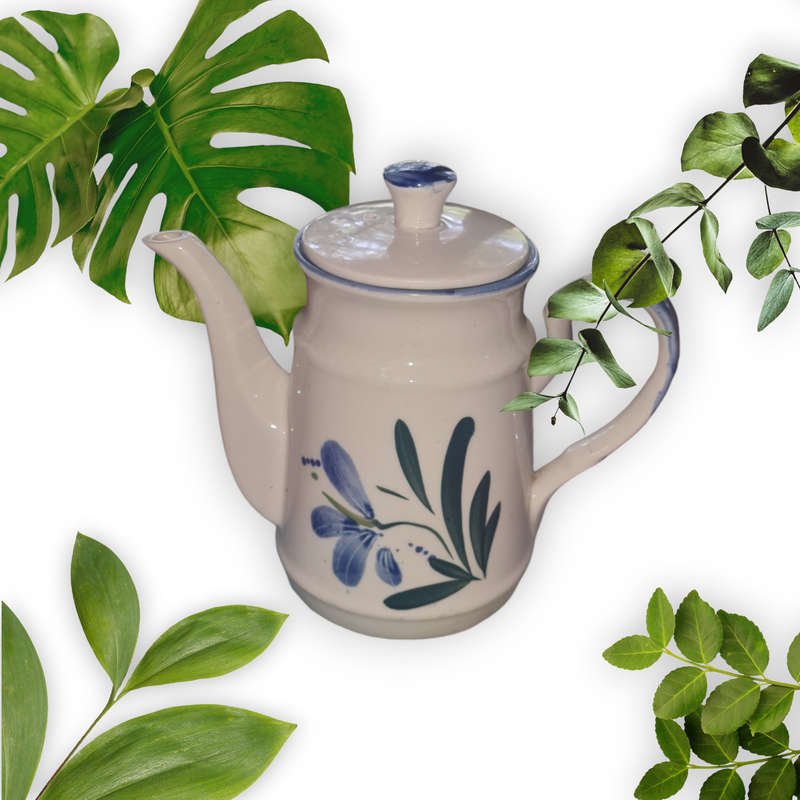 Vintage Stoneware Blue & White Hand Painted Floral Teapot