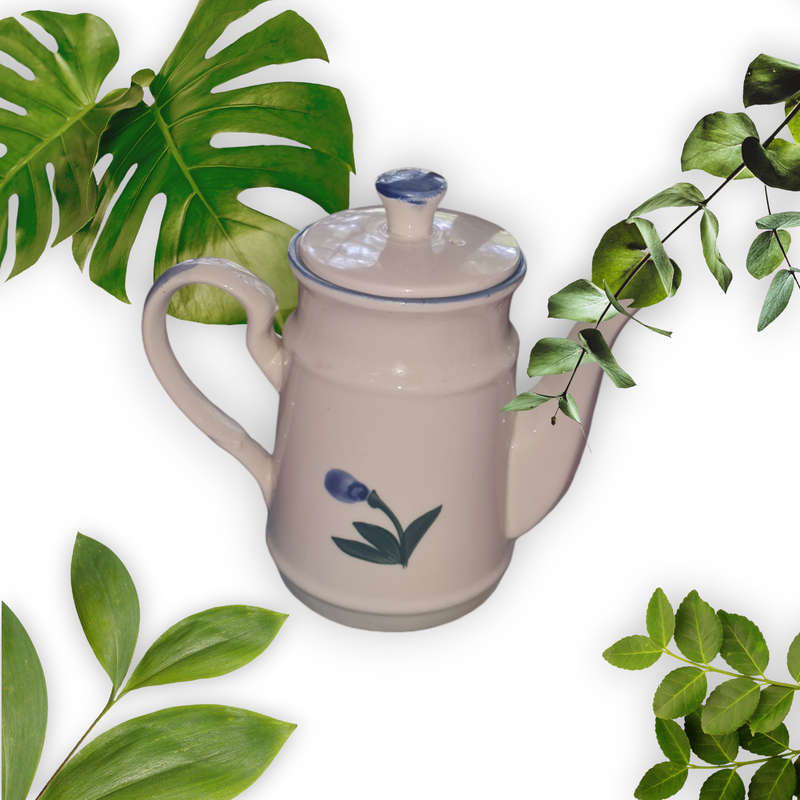 Vintage Stoneware Blue & White Hand Painted Floral Teapot