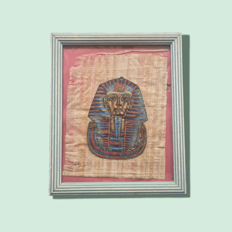 Vintage Egyptian King Tut Tutankhamun Golden Mask Painting on Papyrus