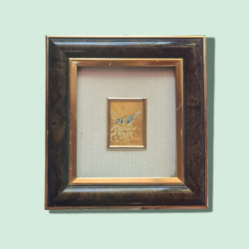 Italian art lithographs vintage bird on a flowering branch painting, gold foil wall painting