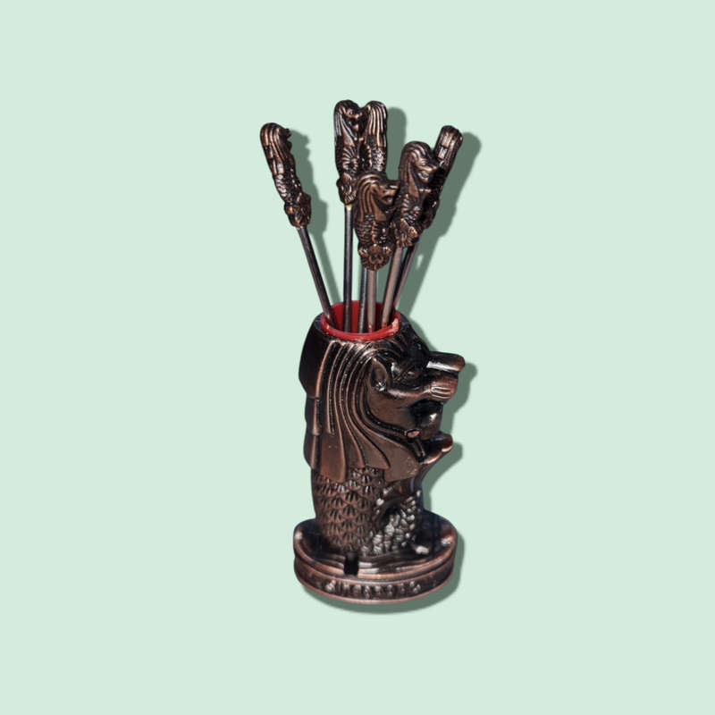 Singapore Merlion Mermaid/Lion Brass Set of 6 Forks Cast Metal Holder
