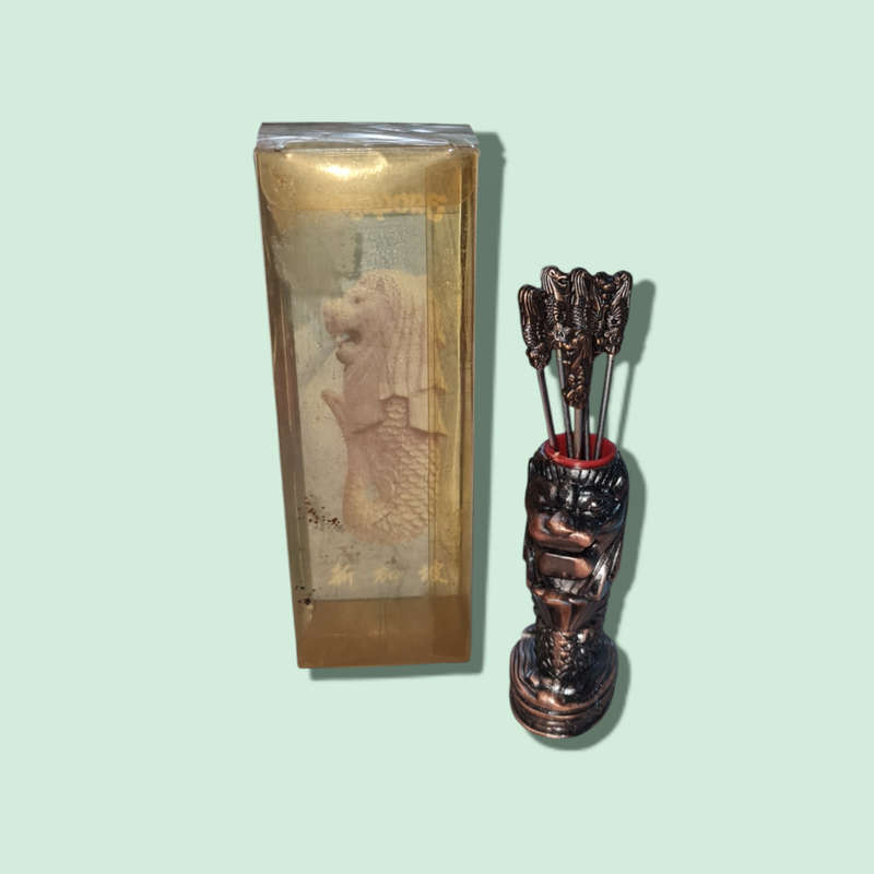 Singapore Merlion Mermaid/Lion Brass Set of 6 Forks Cast Metal Holder