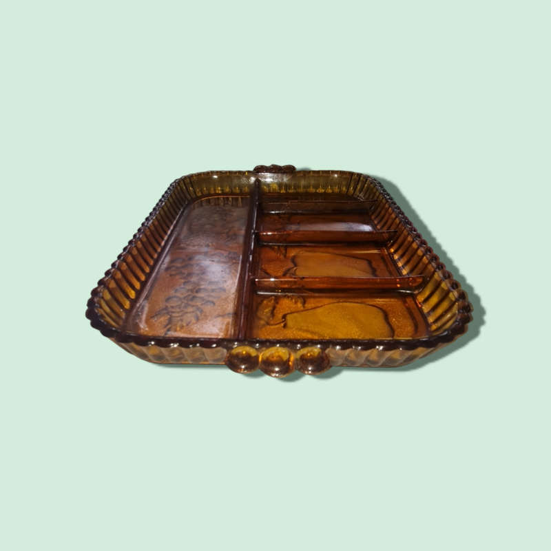 Indiana Glass Large Amber 5 Part Divided Relish Snack Platter Tray Fruit Design