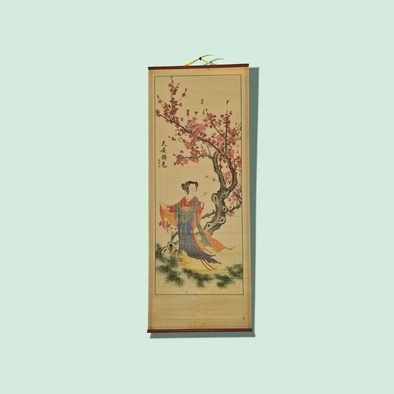 Vintage Asian Painted Bamboo Scroll