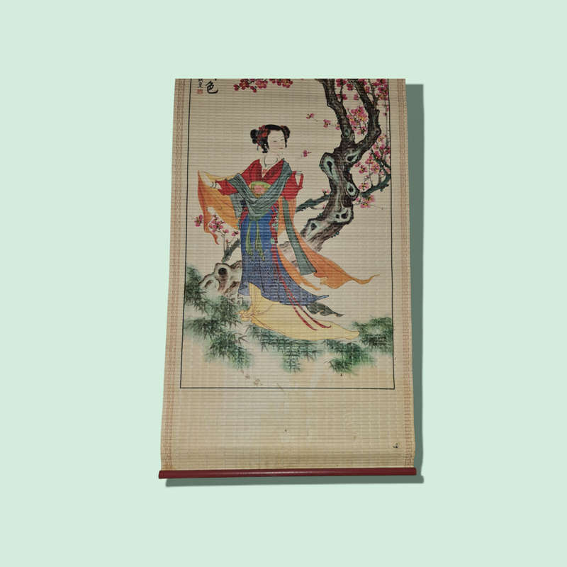 Vintage Asian Painted Bamboo Scroll