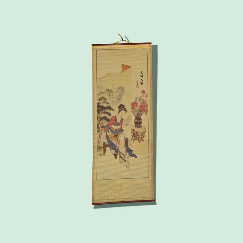 Vintage Asian Painted Bamboo Scroll