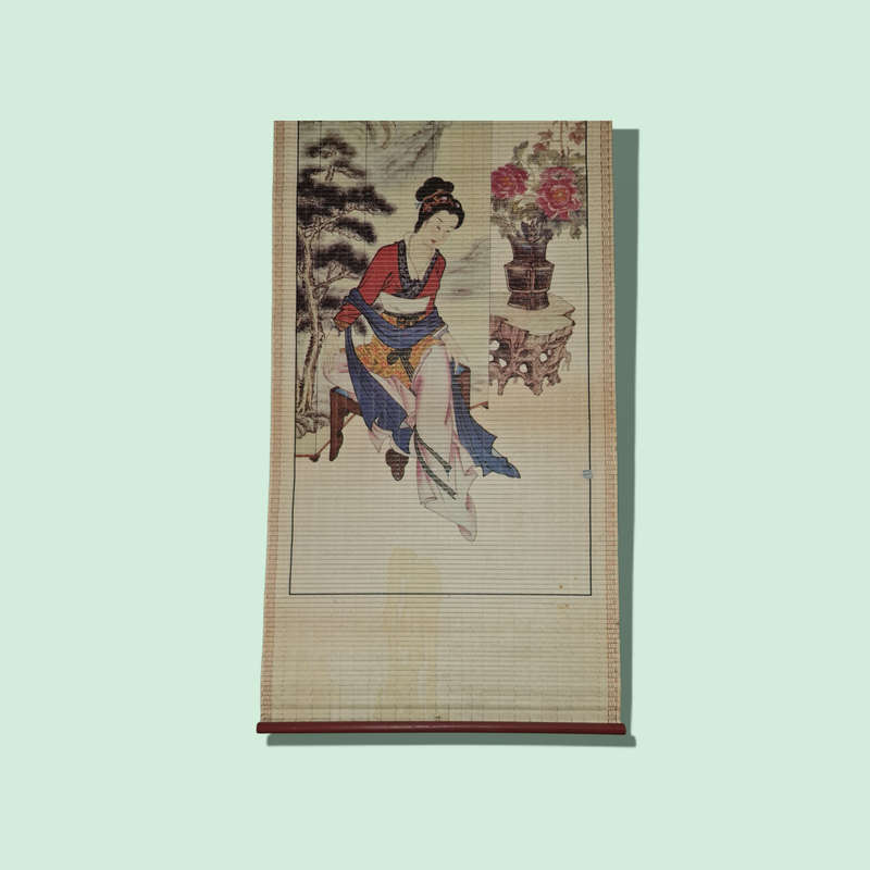 Vintage Asian Painted Bamboo Scroll