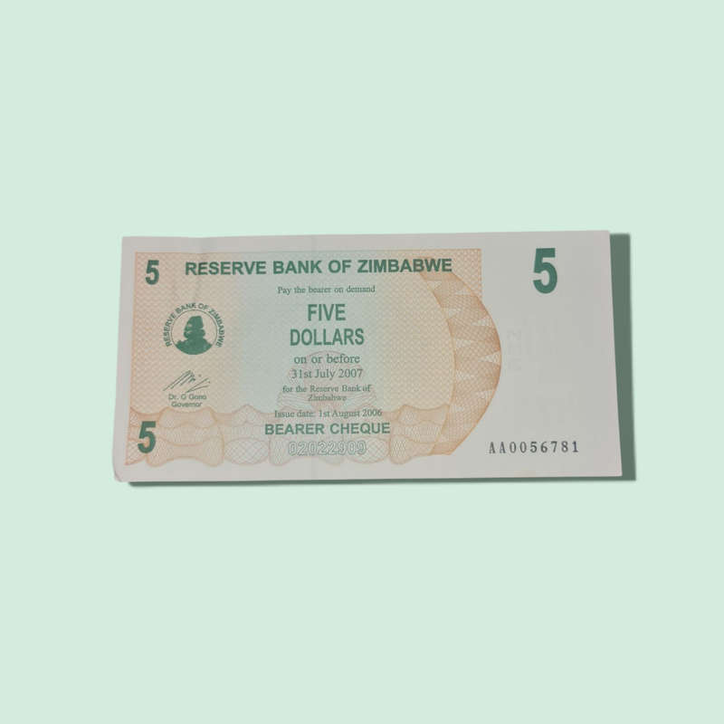 Zimbabwe 5 Dollars Bearer Cheque Banknote