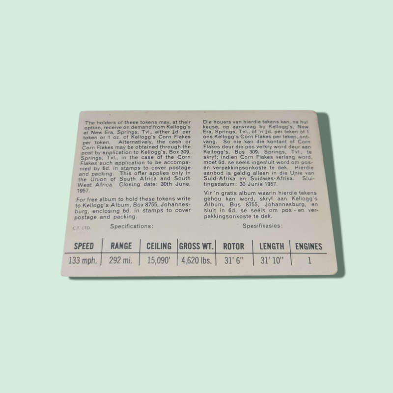 1957 KELLOGG'S ALL WHEAT cards BREGUET BR 111E FRENCH HELICOPTER