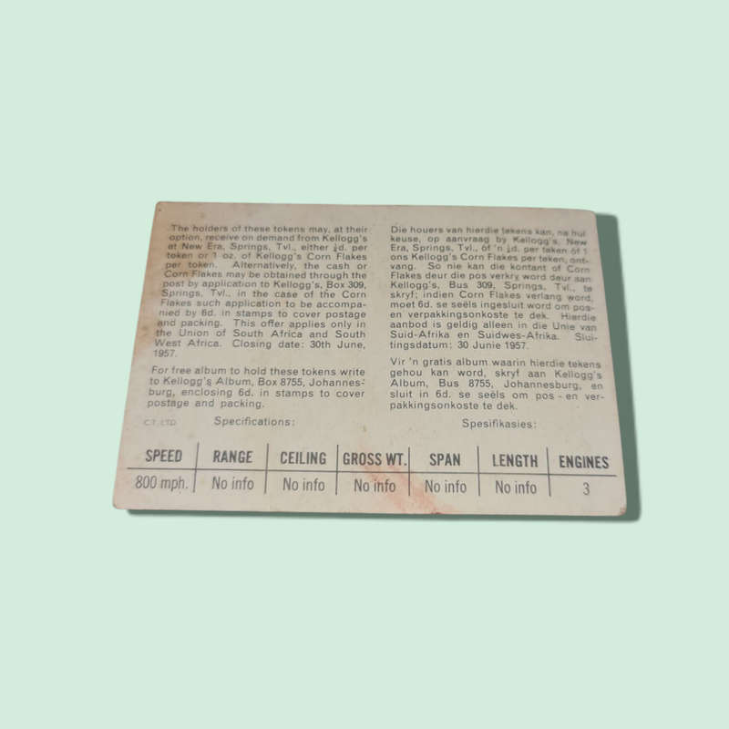 1957 KELLOGG'S ALL WHEAT cards SUD-OUEST TRIDENT FRENCH RESEARCH PLANE
