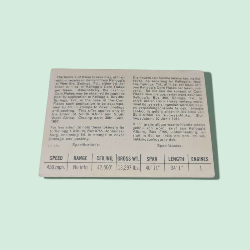 1957 KELLOGG'S ALL WHEAT cards F4U-5NL CORSAIR U.S FIGHTER