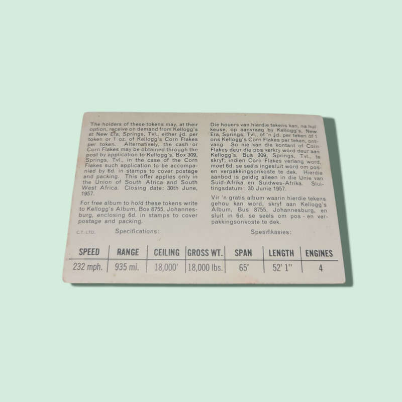 1957 KELLOGG'S ALL WHEAT cards HANDLEY PAGE T.MK.11 BRITISH TRAINER
