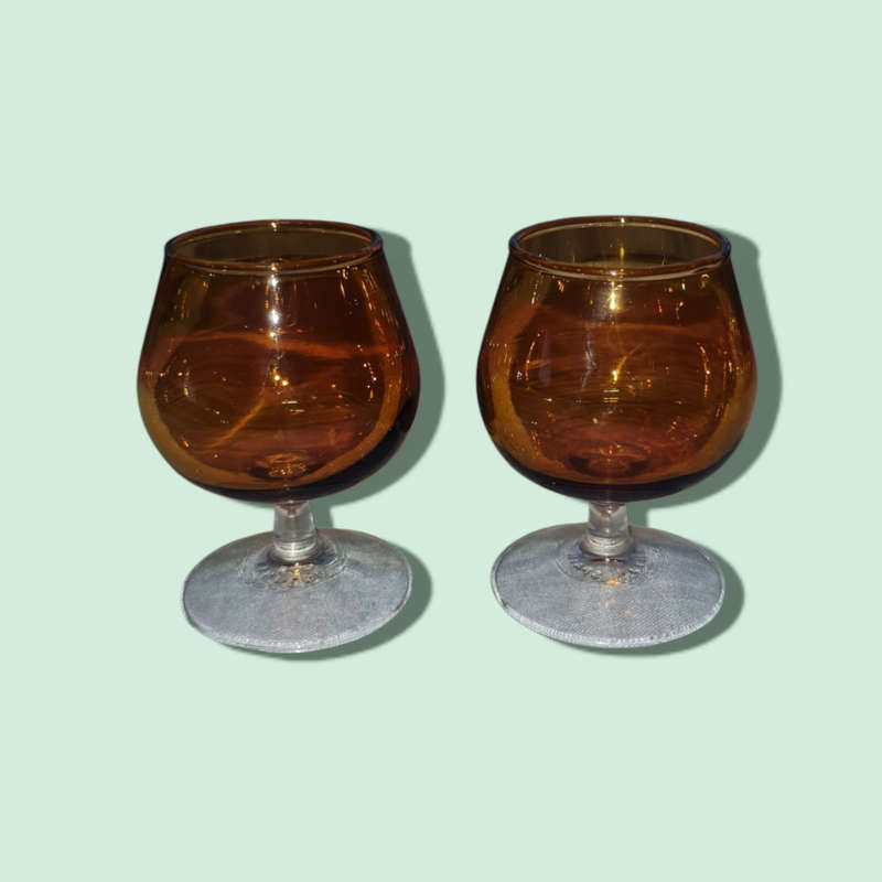 Vintage Finelsa Spain Amber Orange Glass Top Clear Base Brandy Glass