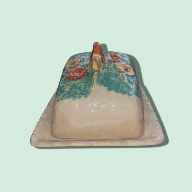 English Hand Painted Butter Dish With Flower. Arthur Wood Art Deco California Pattern