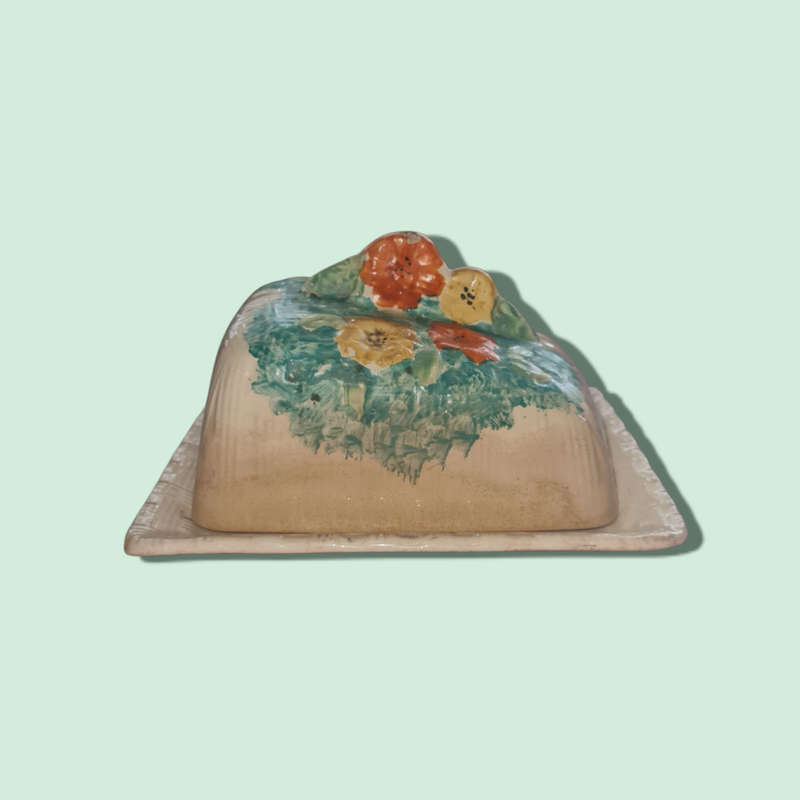 English Hand Painted Butter Dish With Flower. Arthur Wood Art Deco California Pattern