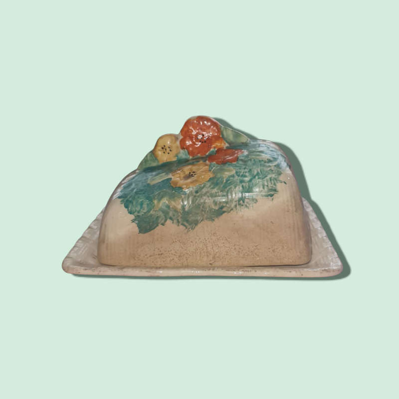 English Hand Painted Butter Dish With Flower. Arthur Wood Art Deco California Pattern