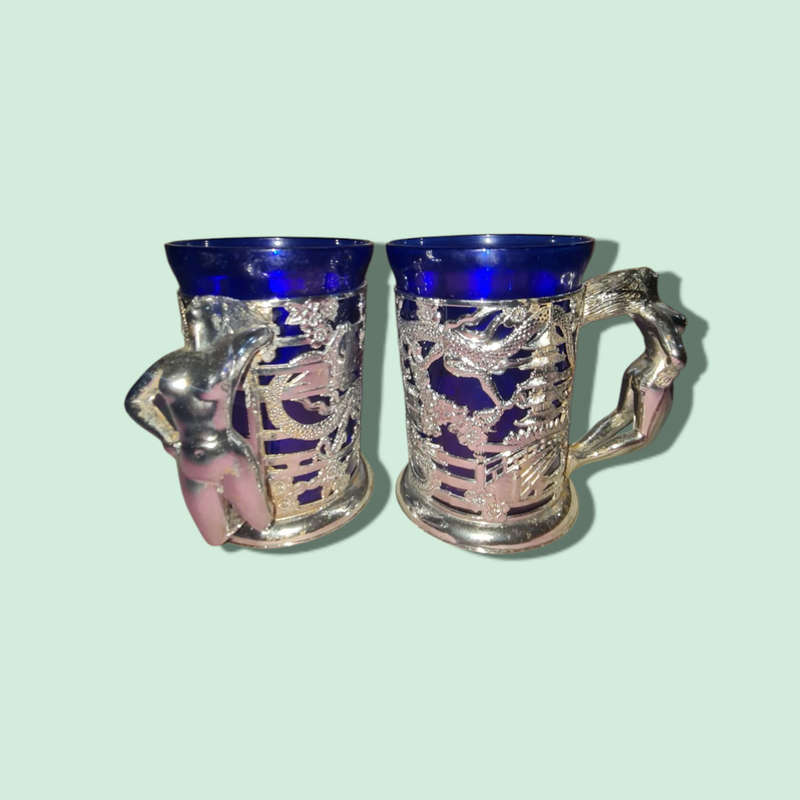 Two Stylish Naked Lady mugs- Blue Glass & Chrome  Mug Oriental Theme  Vintage 1960s  Mid Century