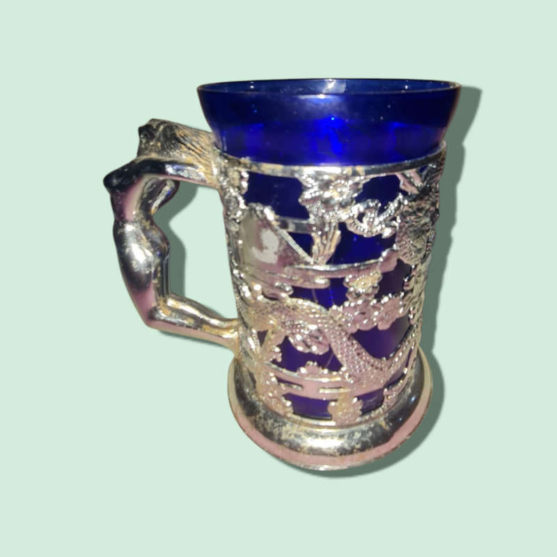 Two Stylish Naked Lady mugs- Blue Glass & Chrome  Mug Oriental Theme  Vintage 1960s  Mid Century