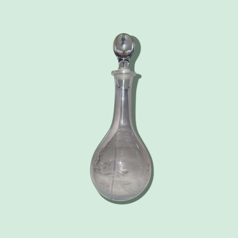 Vintage Clear Glass Decanter With Orb Stopper Lovely Flowers Are Cut And Etched On One Side