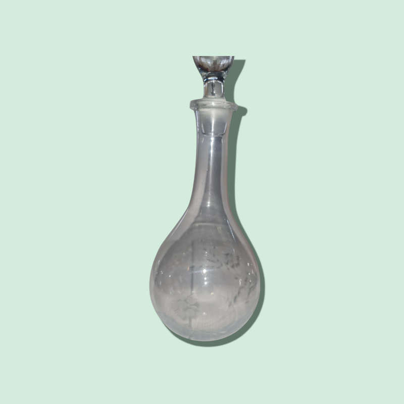 Vintage Clear Glass Decanter With Orb Stopper Lovely Flowers Are Cut And Etched On One Side
