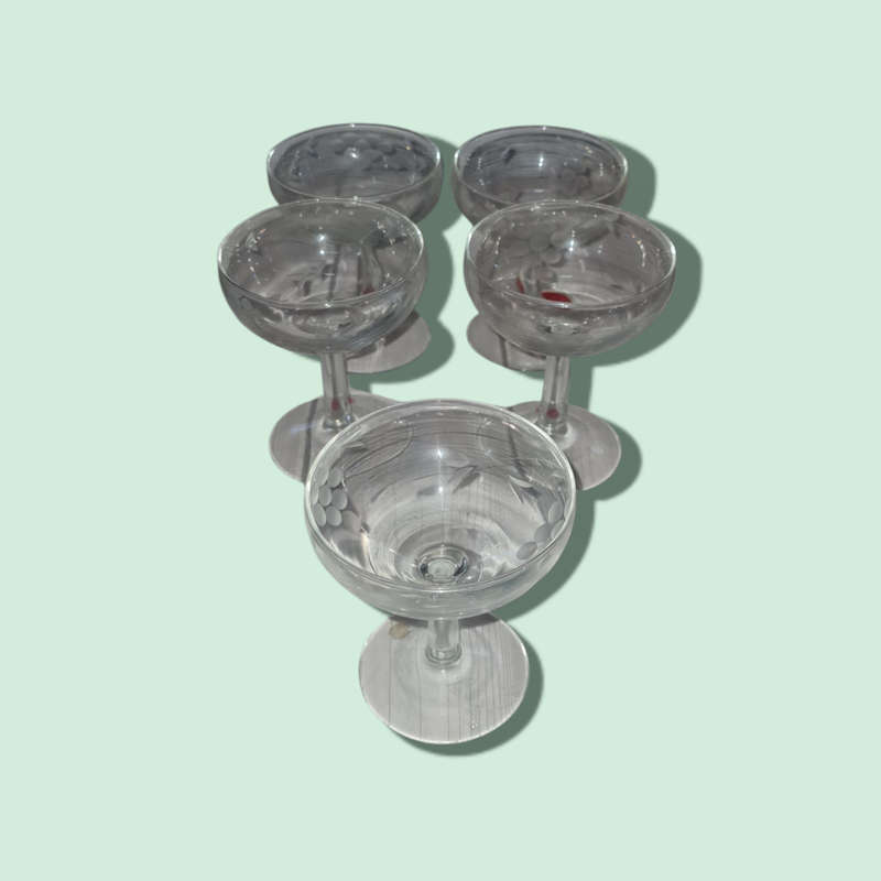 Etched Champagne Coupe Glasses × 5