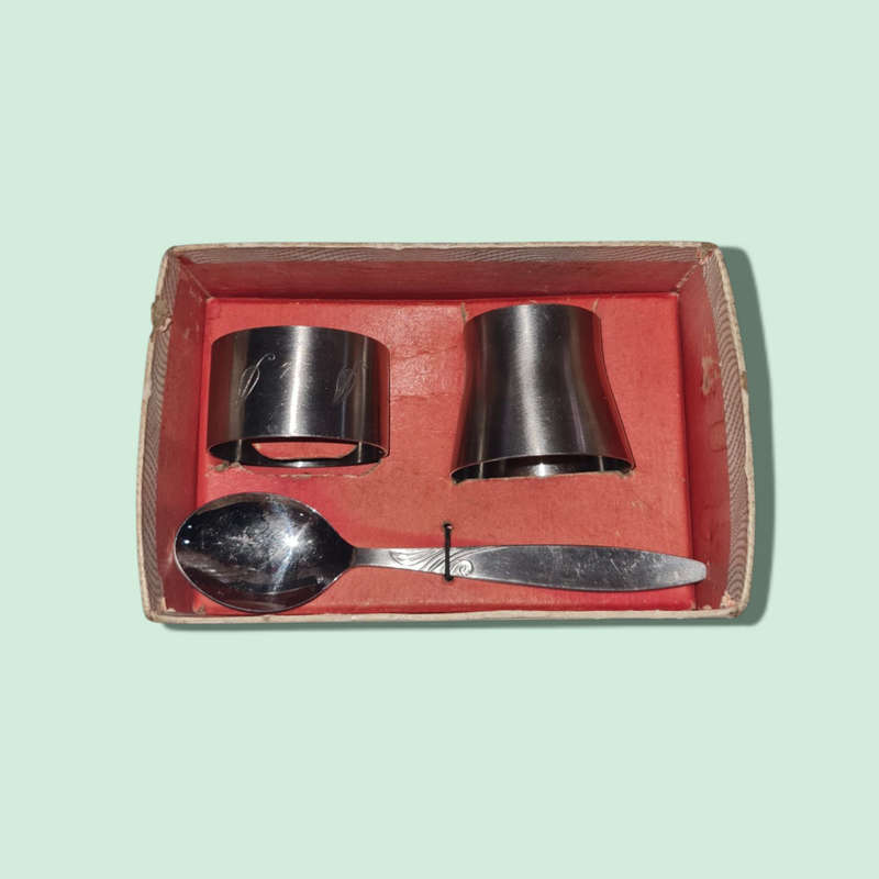 Vintage Stainless Steel Baby Gift Set, Angora Spoon Egg Cup & Napkin Ring