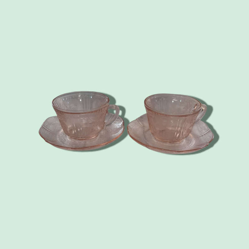 Depression Glass - Cups And Saucers Set Of 2