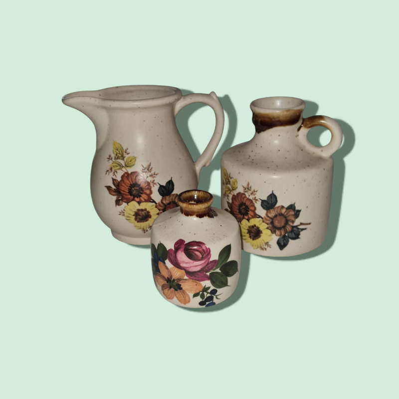 Floral Ceramic Odd Set - Jug, Jar and Bud Vase  