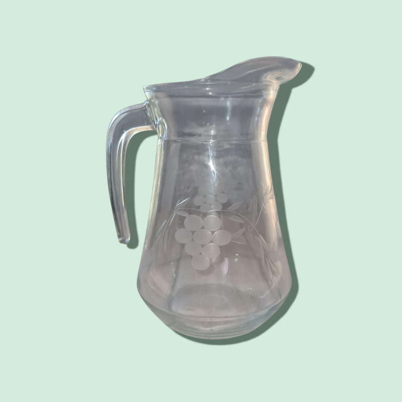 Vintage Clear Glass Pitcher With Etched Grape And Leaves