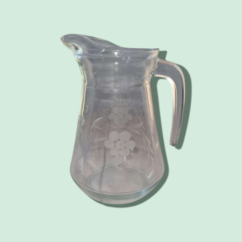Vintage Clear Glass Pitcher With Etched Grape And Leaves