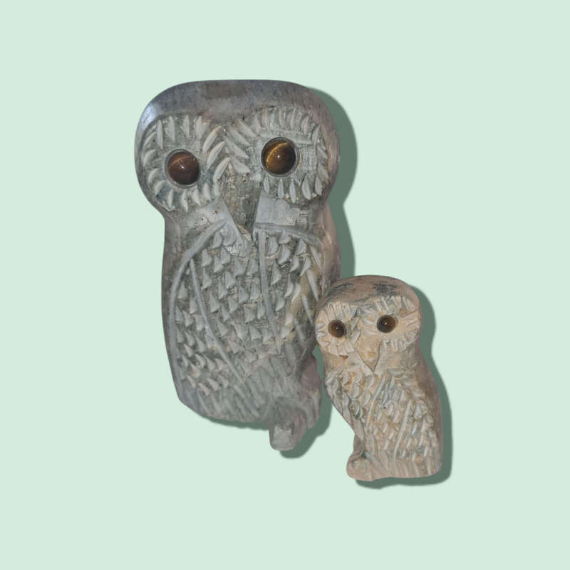 Stone Carved Owls with Tiger`s Eye Eyes, Mom and Baby