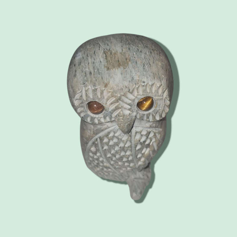 Stone Carved Owls with Tiger`s Eye Eyes, Mom and Baby