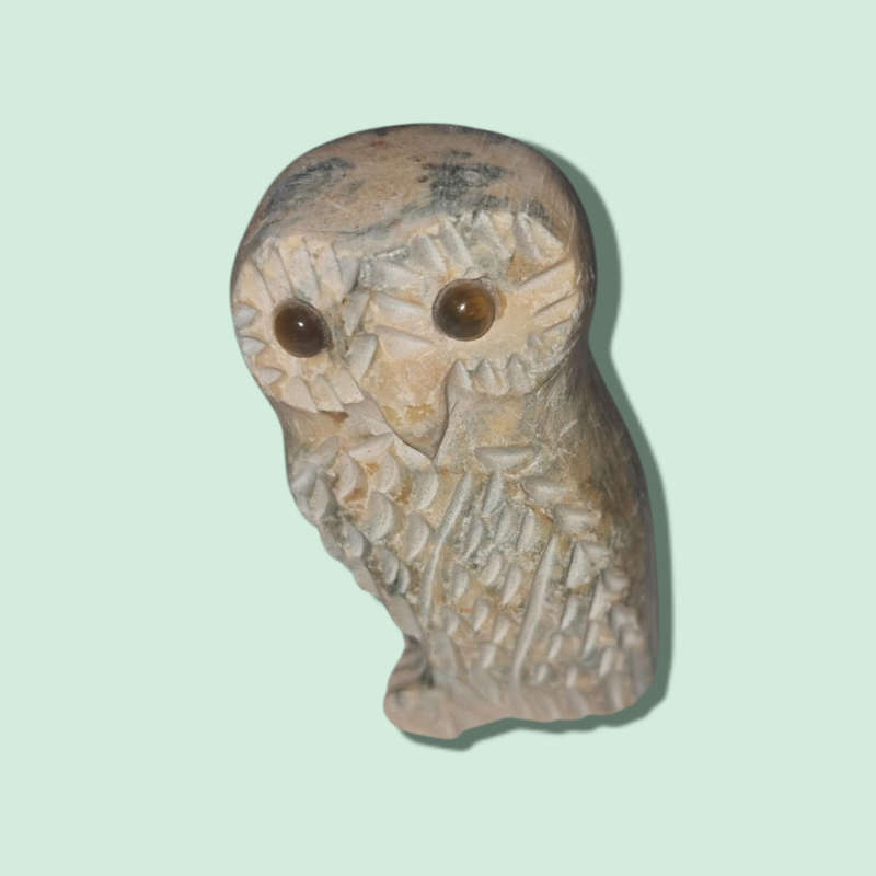 Stone Carved Owls with Tiger`s Eye Eyes, Mom and Baby