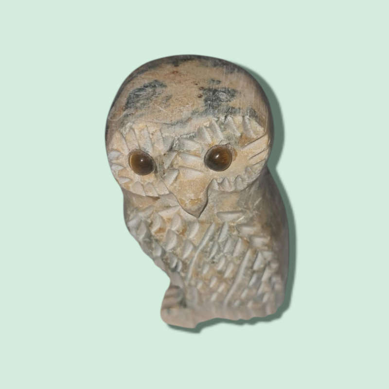 Stone Carved Owls with Tiger`s Eye Eyes, Mom and Baby