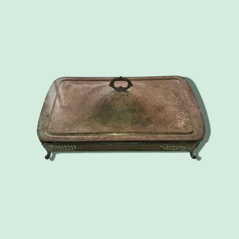 Silver plated serving dish with lid and glass insert