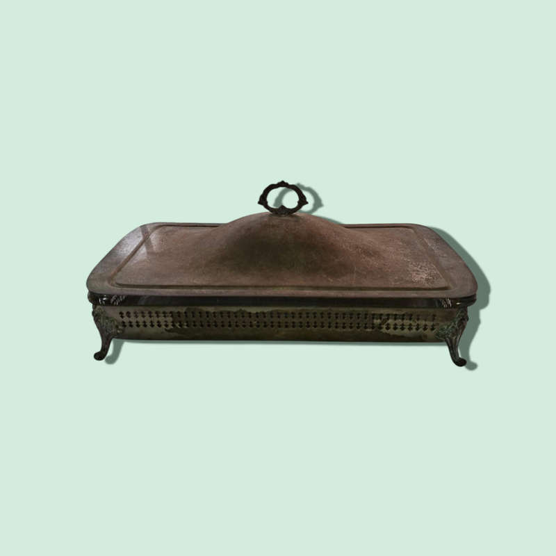 Silver plated serving dish with lid and glass insert